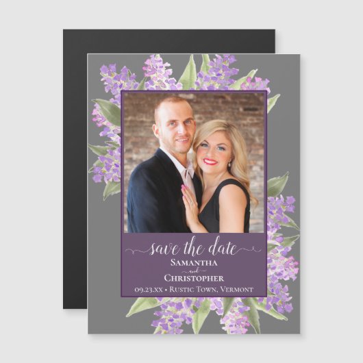 Rustic Lilacs & Photo Grey Wedding Sla de datum op Magnetische Uitnodiging (Voorkant / Achterkant)