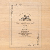 Rustic Line Art Barn Botanische bruiloft Acryl Uitnodigingen (Voorkant)