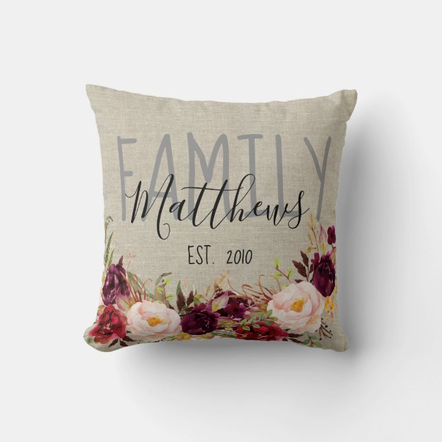 Rustic Linen Burgundy Floral Familienaam Keepslag Kussen (Voorkant)