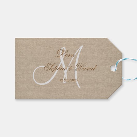 Rustic Linen Canvas Wedding Monogram Initiaal Cadeaulabel (Voorkant (Horizontaal))