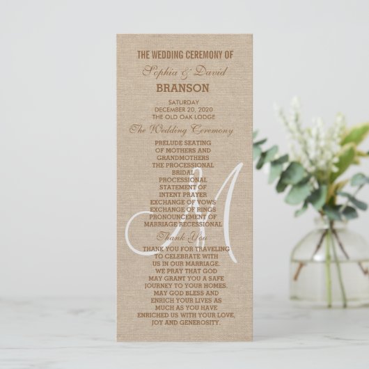 Rustic Linen Canvas Wedding Monogram Program Programma (Staand voorkant)