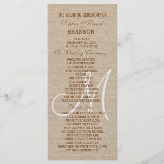 Rustic Linen Canvas Wedding Monogram Program Programma (Voorkant)