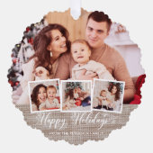 Rustic Linen & Gelukkig Nieuwjaar Script Multiphot Ornament Kaart (Voorkant)