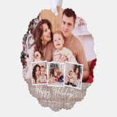 Rustic Linen & Gelukkig Nieuwjaar Script Multiphot Ornament Kaart (Links)