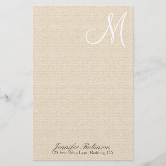Rustic Linen look with White Monogram Briefpapier (Voorkant)
