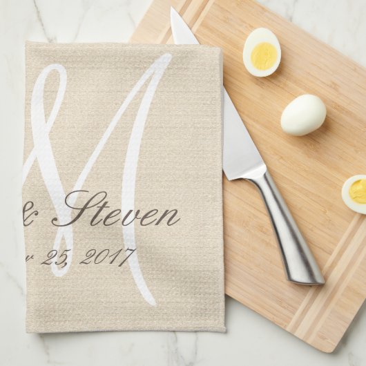 Rustic Linen look with White Monogram Theedoek (Quarter Fold)