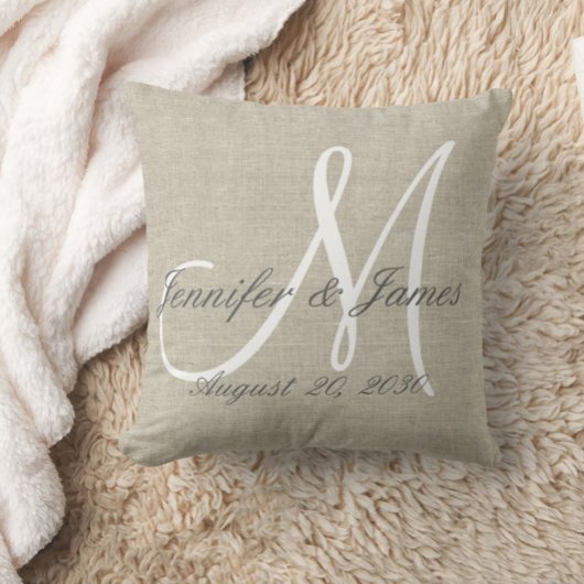 Rustic Linen look with White Monogram Weddenschap Kussen