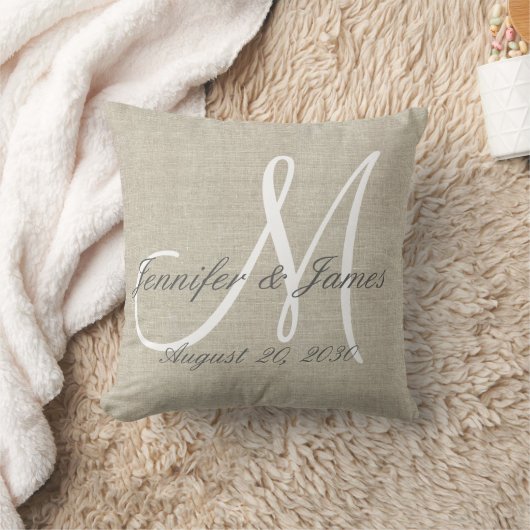 Rustic Linen look with White Monogram Weddenschap Kussen (Deken)