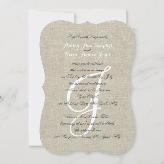 Rustic Linen Wedding Invitations Initiaal Kaart (Achterkant)