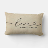 Rustic Linnen Liefdeshart Script Koppelnamen Kussen (Achterkant)