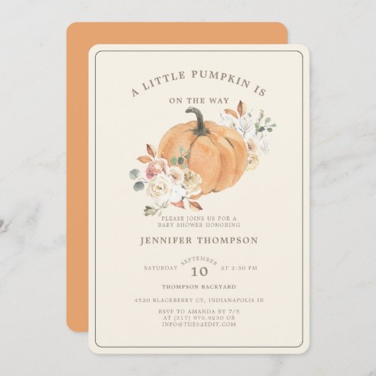 Rustic Little Pumpkin Floral Baby shower Kaart (Voorkant / Achterkant)