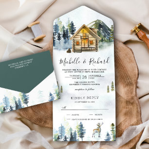 Rustic Log Cabin Lodge Mountain Forest Fog Wedding All In One Uitnodiging