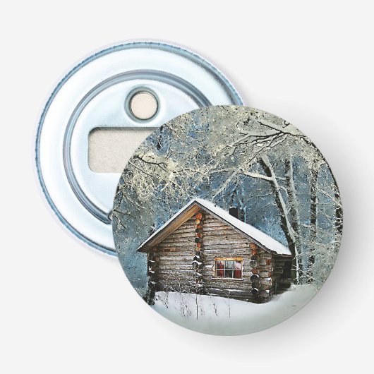 Rustic Log Cabin Winter Magic Button Flesopener (Voorkant)