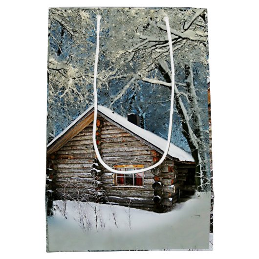 Rustic Log Cabin Winter Magic Medium Cadeauzakje (Achterkant)