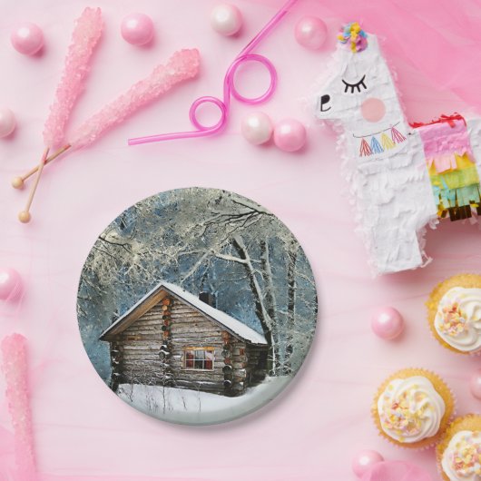 Rustic Log Cabin Winter Magic Papieren Bordje (Feest)