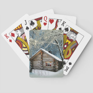 Rustic Log Cabin Winter Magic Pokerkaarten