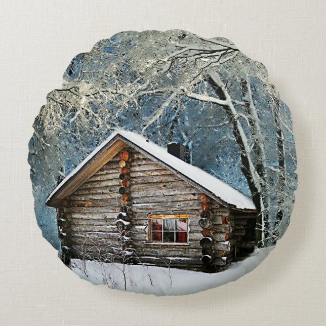 Rustic Log Cabin Winter Magic Rond Kussen (Voorkant)