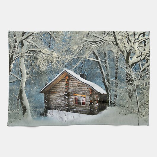 Rustic Log Cabin Winter Magic Theedoek (Horizontaal)