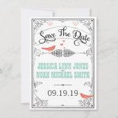 Rustic Love Bird Hearts Mint Coral Save the Date (Voorkant)