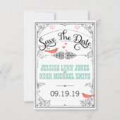 Rustic Love Bird Hearts Mint Coral Save the Date (Voorkant)