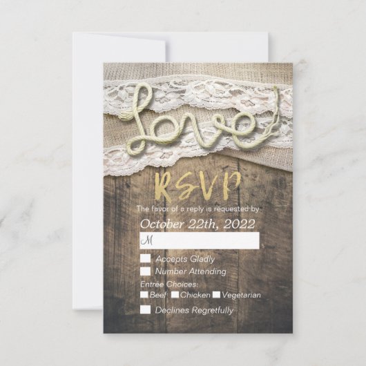 Rustic Love Rope Burlap Lace Wedding RSVP Répondre (Devant)
