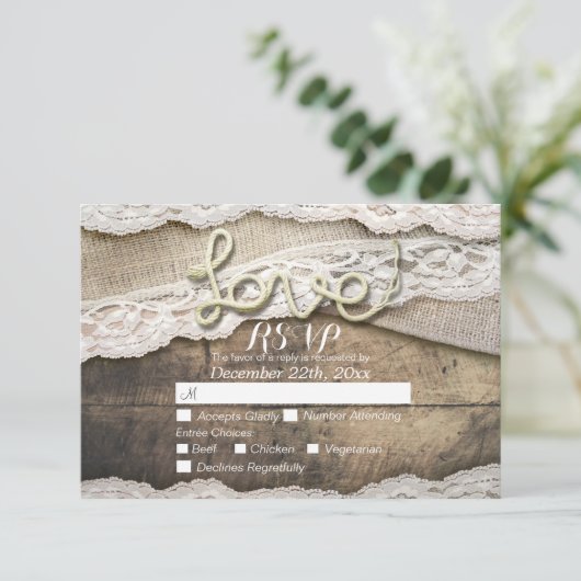 Rustic Love Rope Burlap Lace Wedding RSVP Répondre (Debout devant)