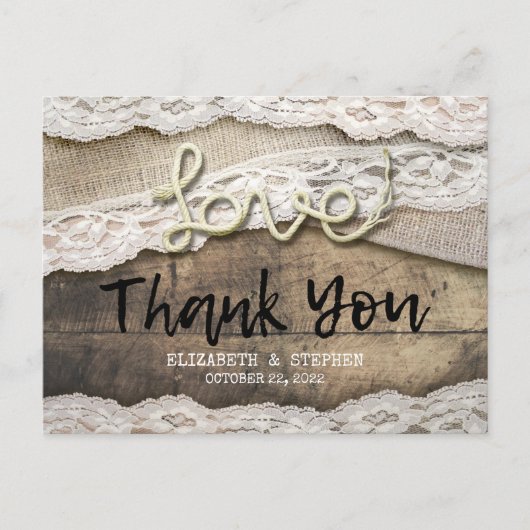 Rustic Love Rope Burlap Wedding Bedankt Briefkaart (Voorkant)