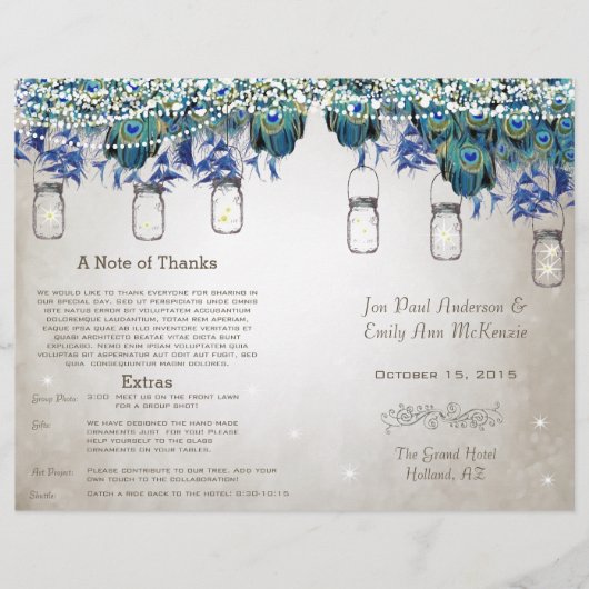Rustic Luxe Mason Jar Peacock Programme (Devant)