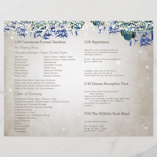 Rustic Luxe Mason Jar Peacock Programme (Dos)