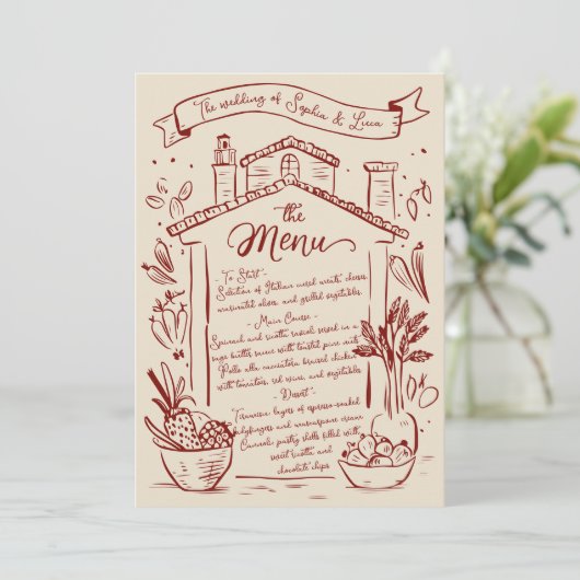 Rustic Main Drake Italien Menu Mariage Crème Rouge (Debout devant)