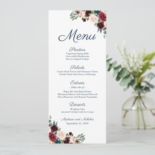 Rustic Marine Marsala Floral Mariage Menu Cartes e (Debout devant)