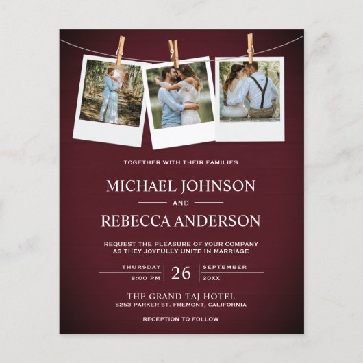 Rustic Maroon Wood Foto Budget Weddenschap (Voorkant)