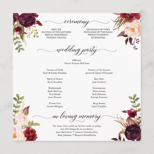 Rustic Marsala Bourgogne Programme de mariage (Dos)