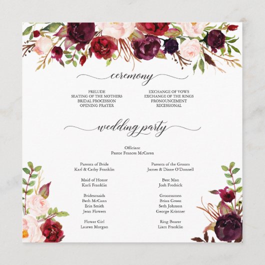 Rustic Marsala Bourgogne Programme de mariage (Dos)