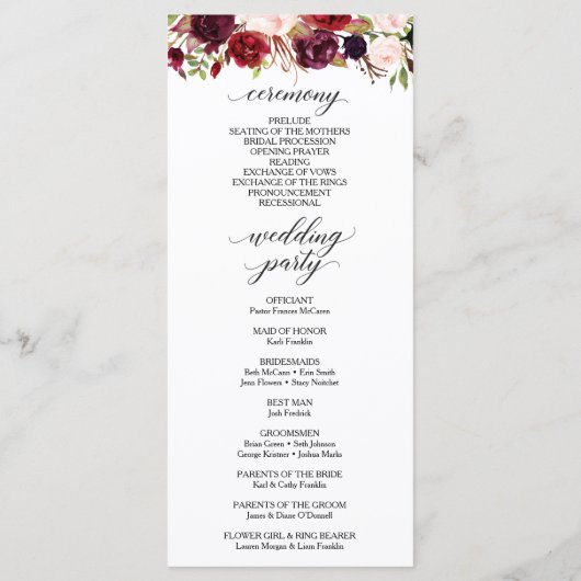 Rustic Marsala Burgundy Wedding Program Programma (Achterkant)