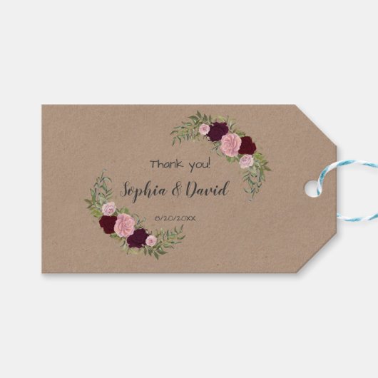 Rustic Marsala Floral Craft Paper Wedding Cadeaulabel (Voorkant (Horizontaal))