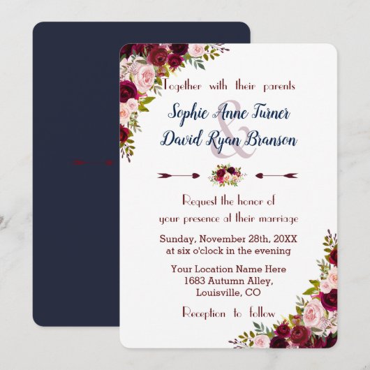 Rustic Marsala Floral Navy Blue Wedding Invitation (Devant / Derrière)