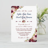 Rustic Marsala Floral Navy Blue Wedding Invite Kaart (Staand voorkant)