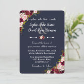 Rustic Marsala Floral Navy Blue Wedding Kaart (Staand voorkant)