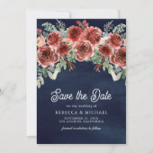 Rustic Marsala Floral Photo Navy Blue Wedding Save The Date (Voorkant)
