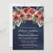 Rustic Marsala Floral Photo QR Code Navy Weddensch Kaart (Voorkant)