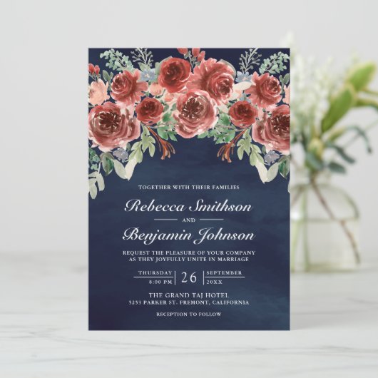 Rustic Marsala Floral Photo QR Code Navy Weddensch Kaart (Staand voorkant)