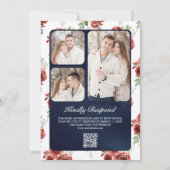 Rustic Marsala Floral Photo QR Code Navy Weddensch Kaart (Achterkant)