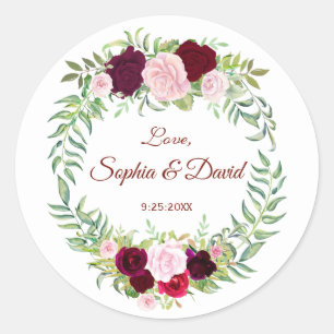 Rustic Marsala Floral Wreath Burgundy Wedding RSVP Ronde Sticker