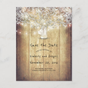Rustic Mason Jar Baby's Breath Barn Save the Date Aankondigingskaart
