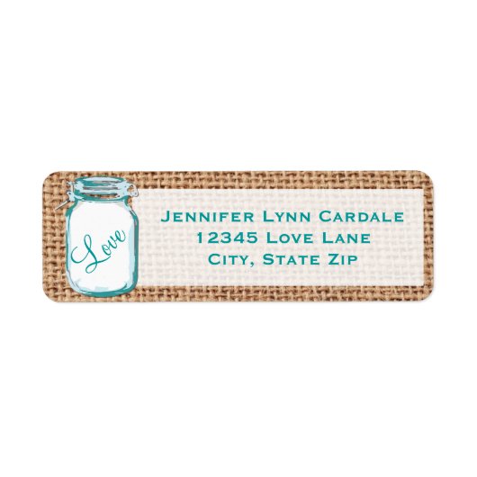 Rustic Mason Jar Blauwgroen Burlap Weddenschap Lab Etiket (Voorkant)