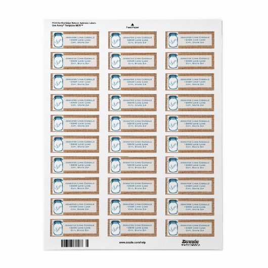 Rustic Mason Jar Blauwgroen Burlap Weddenschap Lab Etiket (Full Sheet)