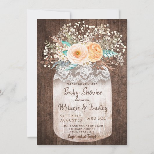 Rustic Mason Jar Boho Baby Shower Invitations (Devant)