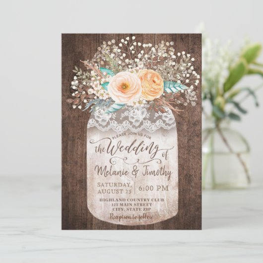 Rustic Mason Jar Boho Invitations de mariage en bo (Debout devant)