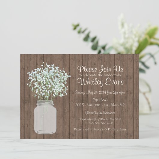 Rustic Mason Jar Bruids Douche Uitnodiging op Hout (Staand voorkant)